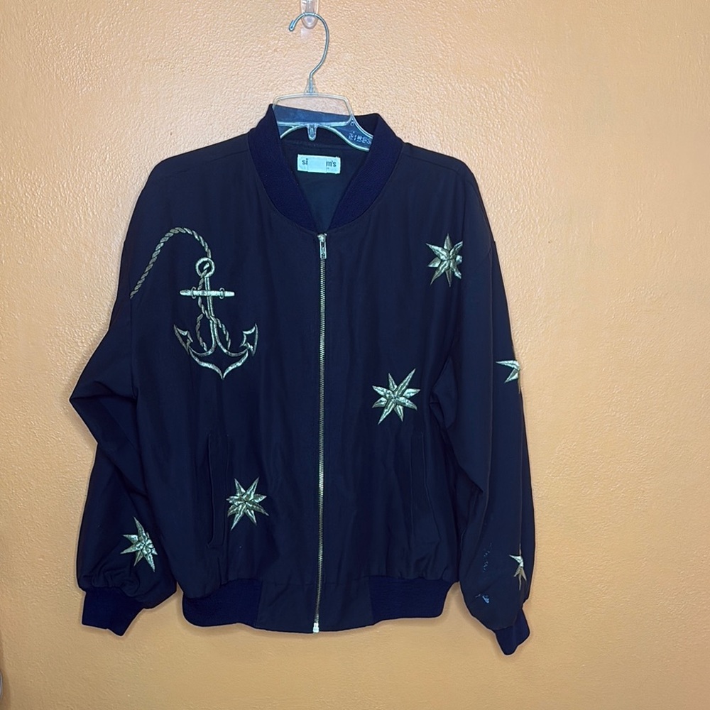 Vintage Nautical Embroidered Black and Gold Bomber Jacket